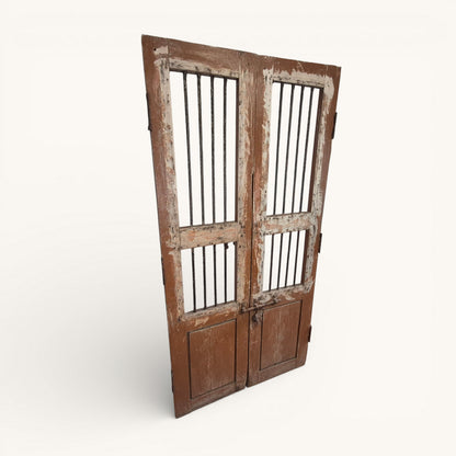 Antique Indian Jali Doors – Pair of Rustic Wooden Panel Doors with Iron Bars | 182cm x 91.5cm Total