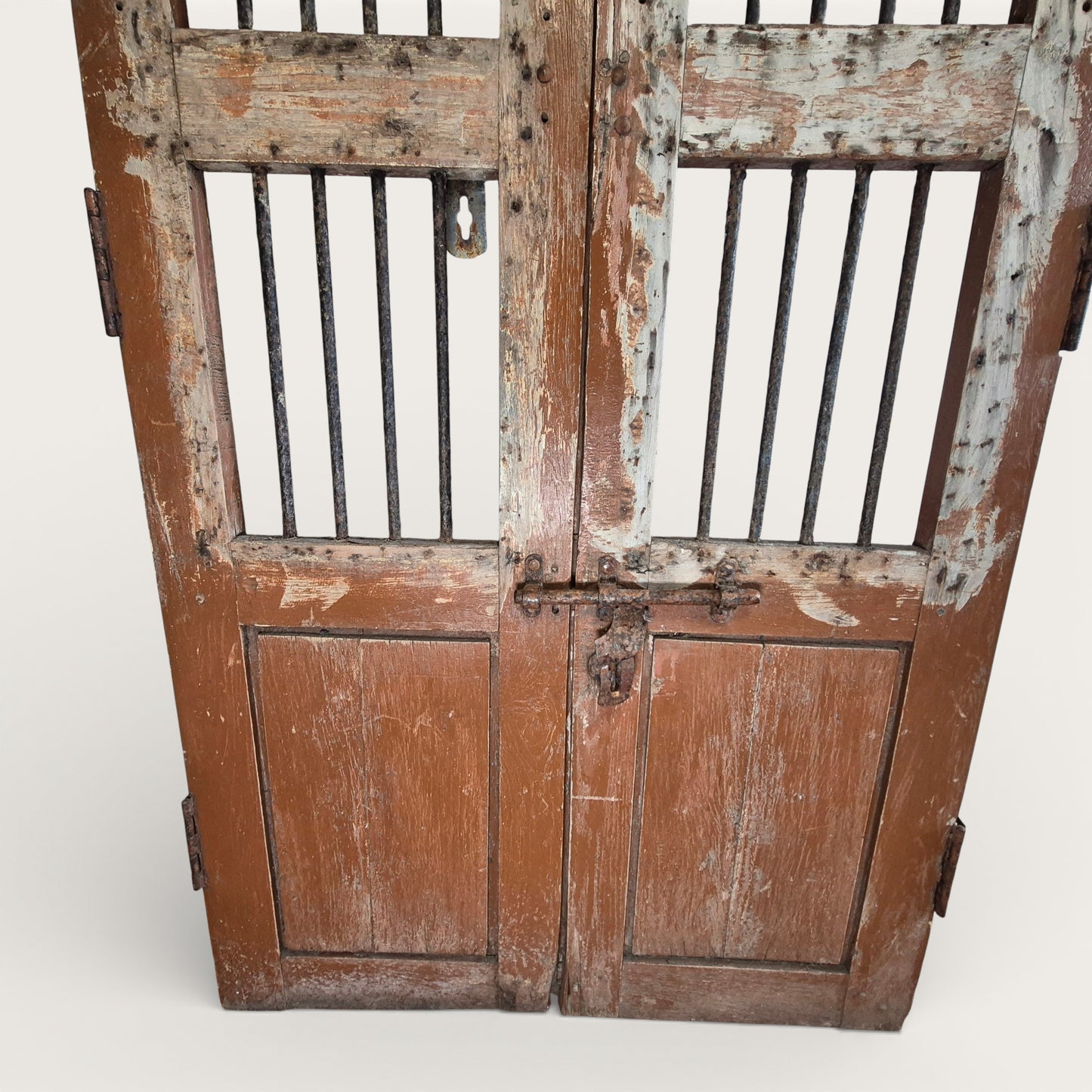 Antique Indian Jali Doors – Pair of Rustic Wooden Panel Doors with Iron Bars | 182cm x 91.5cm Total