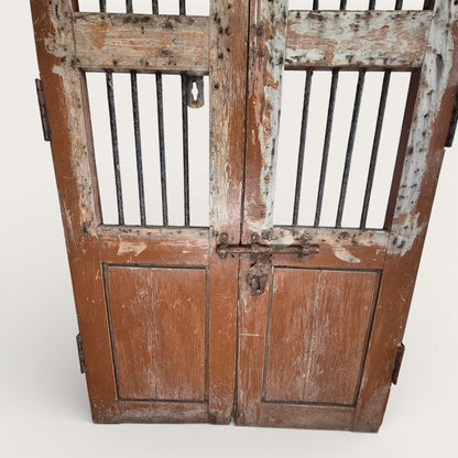 Antique Indian Jali Doors – Pair of Rustic Wooden Panel Doors with Iron Bars | 182cm x 91.5cm Total