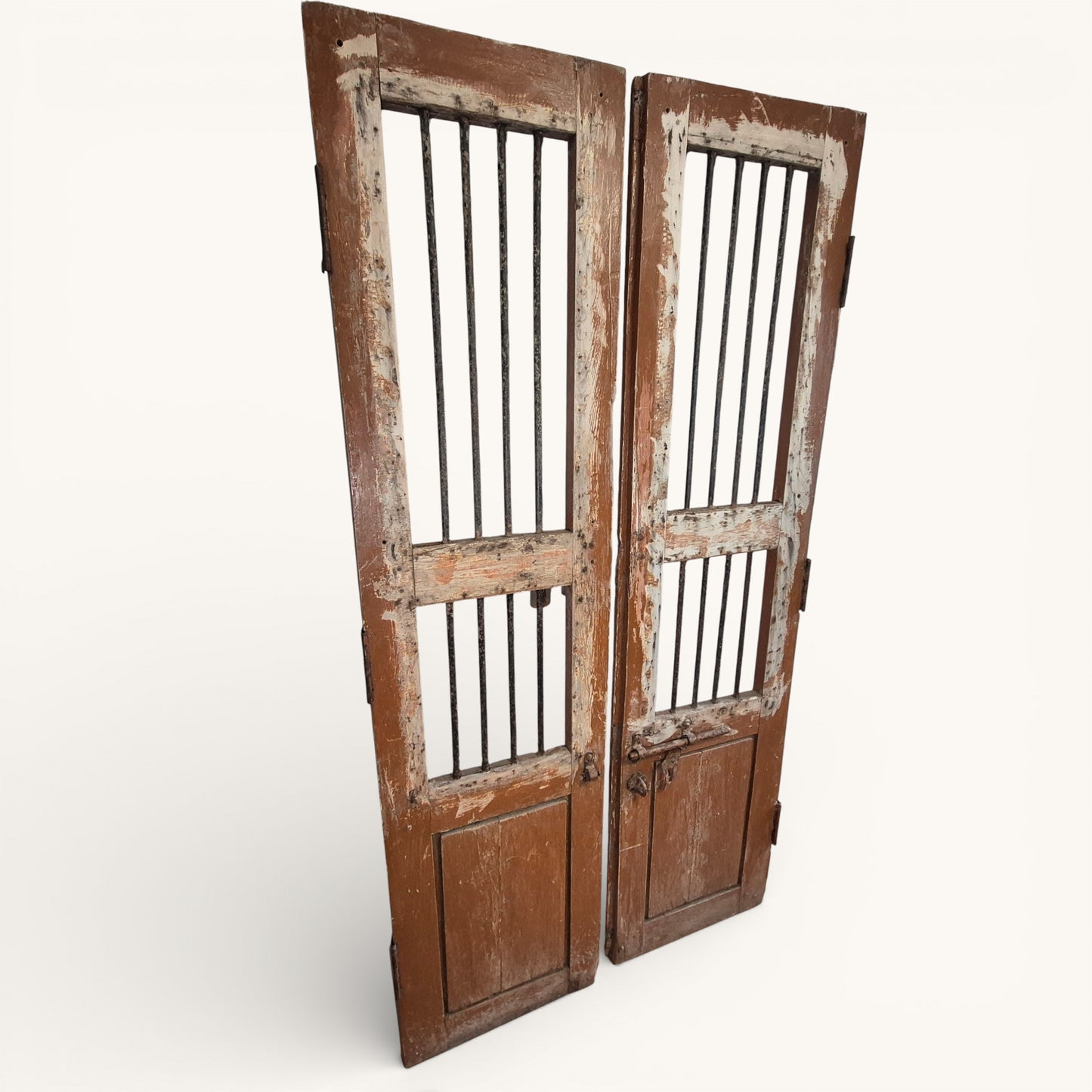 Antique Indian Jali Doors – Pair of Rustic Wooden Panel Doors with Iron Bars | 182cm x 91.5cm Total