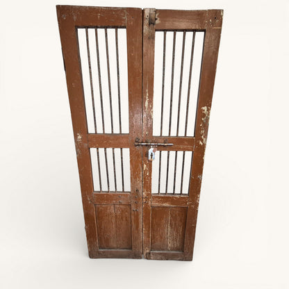 Antique Indian Jali Doors – Pair of Rustic Wooden Panel Doors with Iron Bars | 182cm x 91.5cm Total
