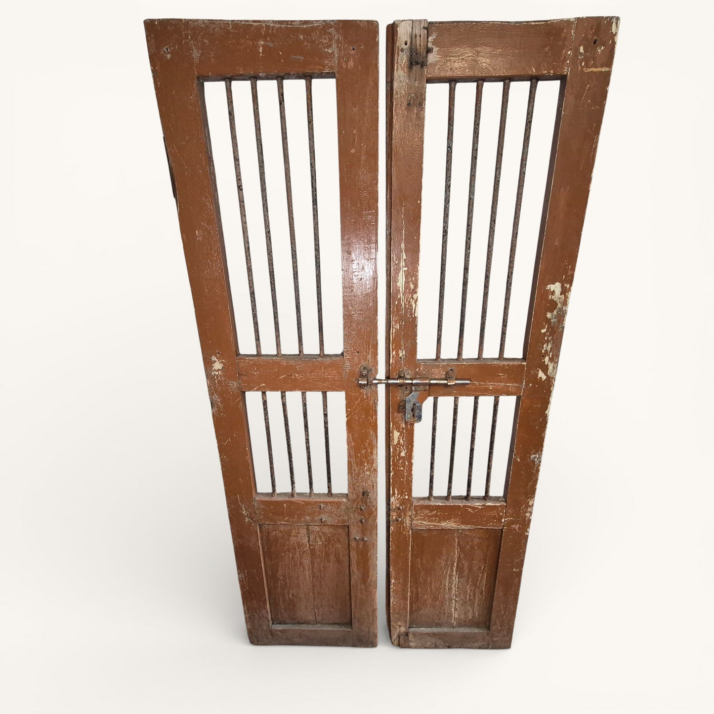 Antique Indian Jali Doors – Pair of Rustic Wooden Panel Doors with Iron Bars | 182cm x 91.5cm Total