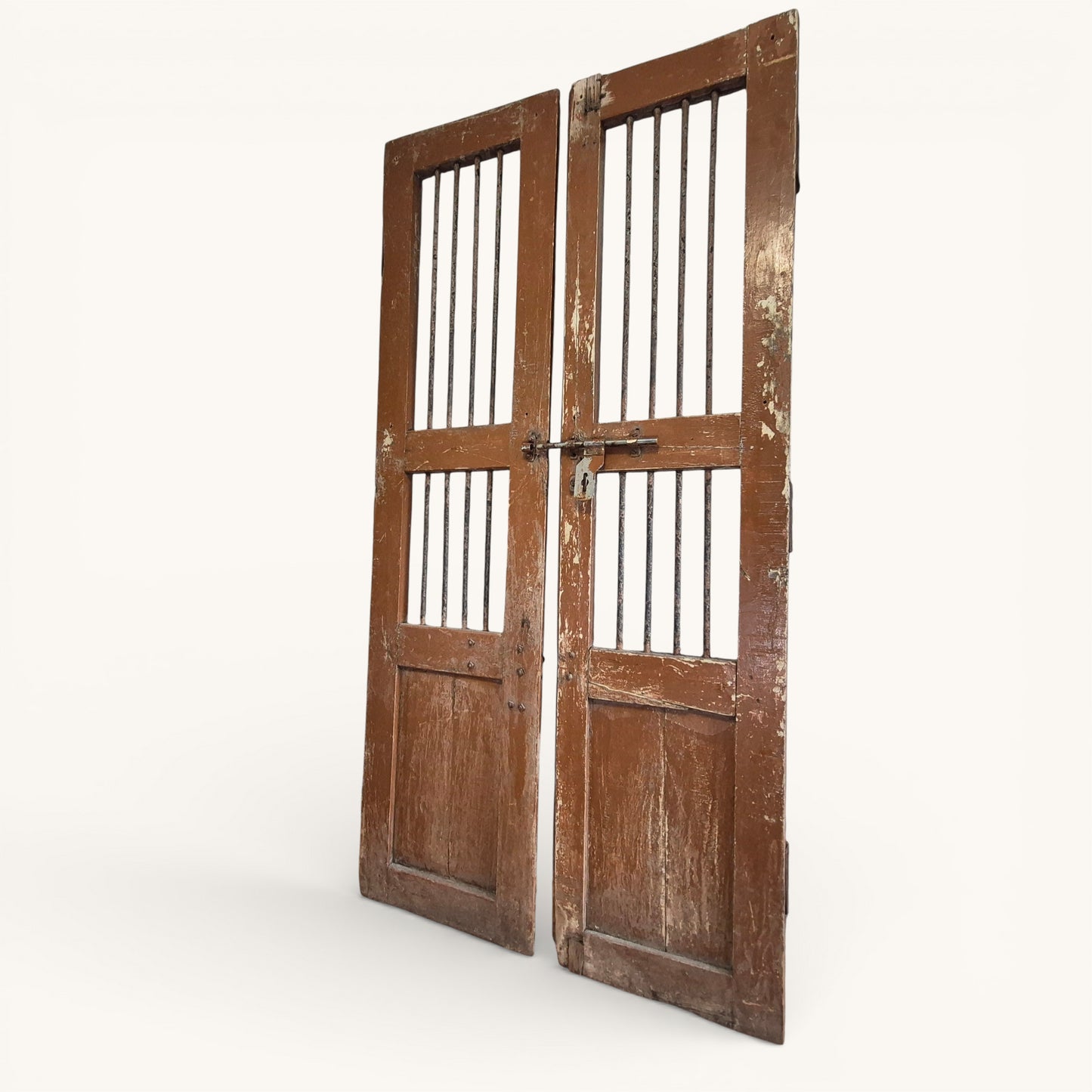Antique Indian Jali Doors – Pair of Rustic Wooden Panel Doors with Iron Bars | 182cm x 91.5cm Total