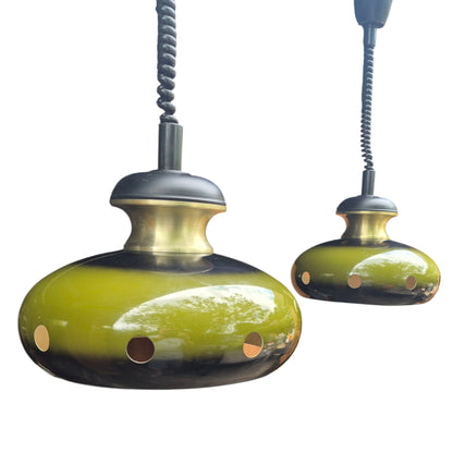 Pair of Vintage Space Age Fat Lava Pendant Lights | 1960s 1970s Green Ceramic Ceiling Lights | Mid Century Modern Lighting