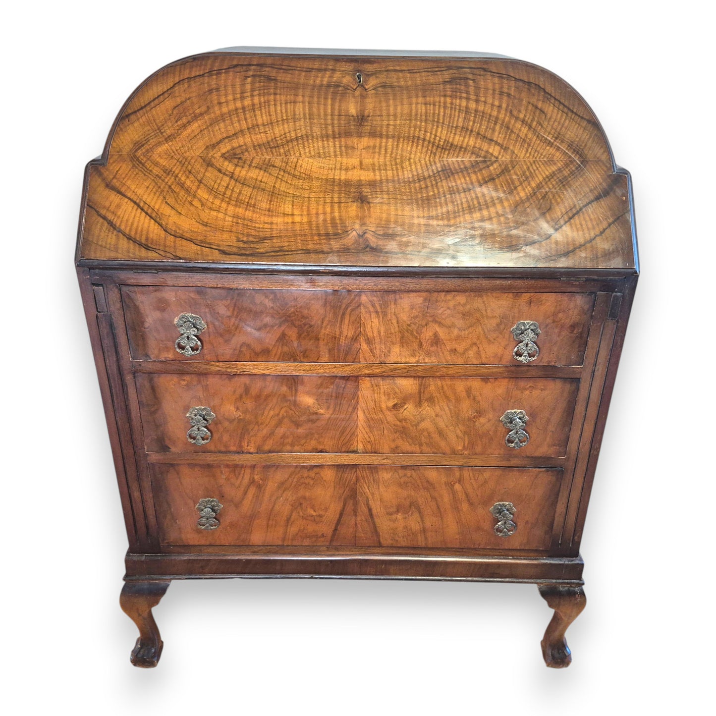 Vintage 1920s Queen Anne Style Walnut Cylinder-Top Writing Bureau