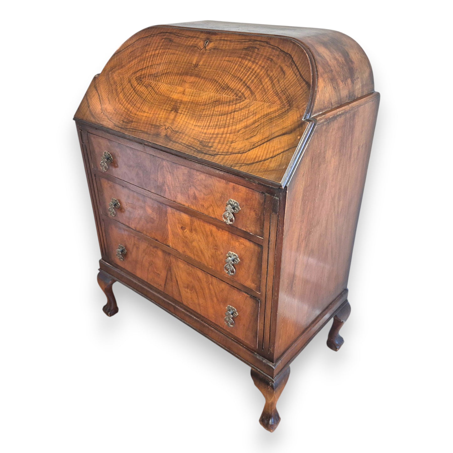 Vintage 1920s Queen Anne Style Walnut Cylinder-Top Writing Bureau