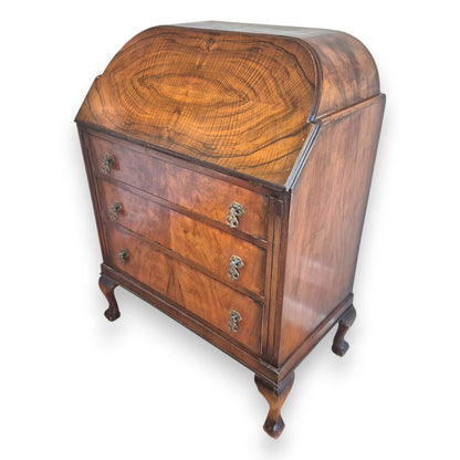 Vintage 1920s Queen Anne Style Walnut Cylinder-Top Writing Bureau