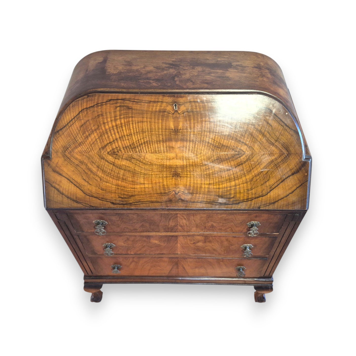 Vintage 1920s Queen Anne Style Walnut Cylinder-Top Writing Bureau