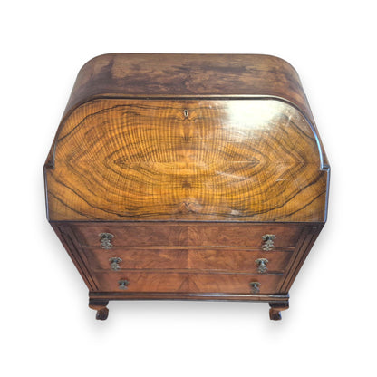 Vintage 1920s Queen Anne Style Walnut Cylinder-Top Writing Bureau