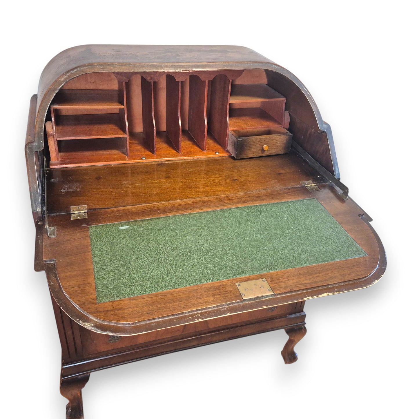Vintage 1920s Queen Anne Style Walnut Cylinder-Top Writing Bureau