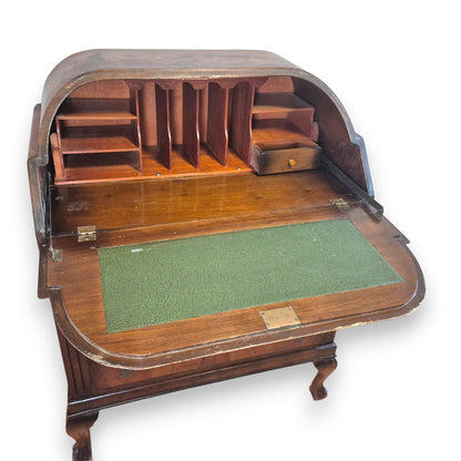 Vintage 1920s Queen Anne Style Walnut Cylinder-Top Writing Bureau