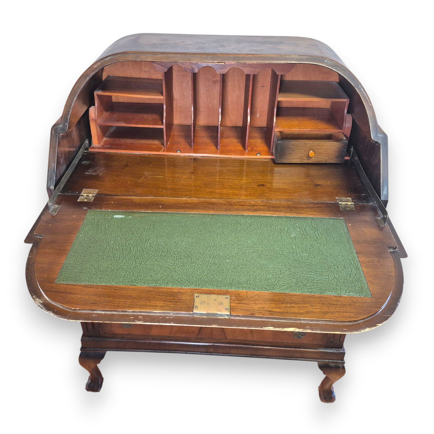 Vintage 1920s Queen Anne Style Walnut Cylinder-Top Writing Bureau