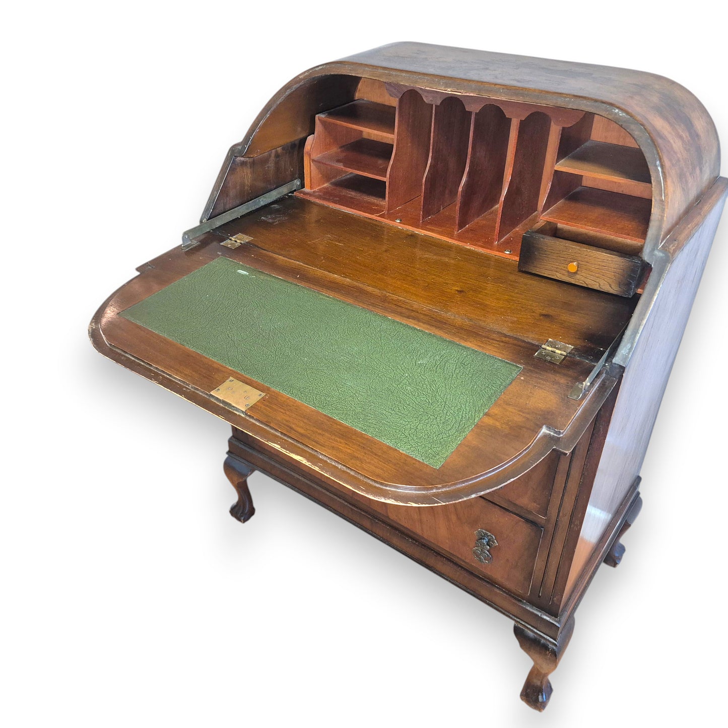 Vintage 1920s Queen Anne Style Walnut Cylinder-Top Writing Bureau
