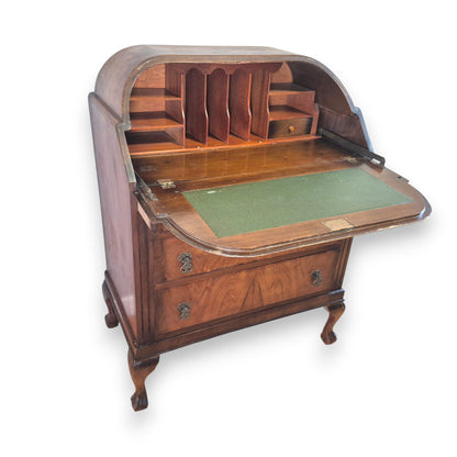 Vintage 1920s Queen Anne Style Walnut Cylinder-Top Writing Bureau