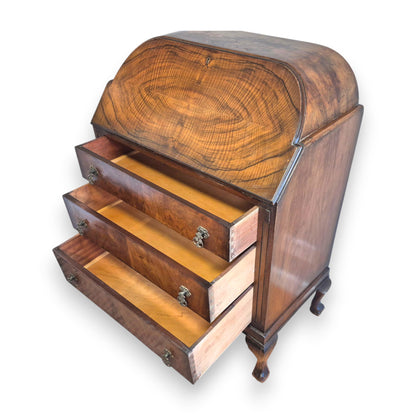 Vintage 1920s Queen Anne Style Walnut Cylinder-Top Writing Bureau