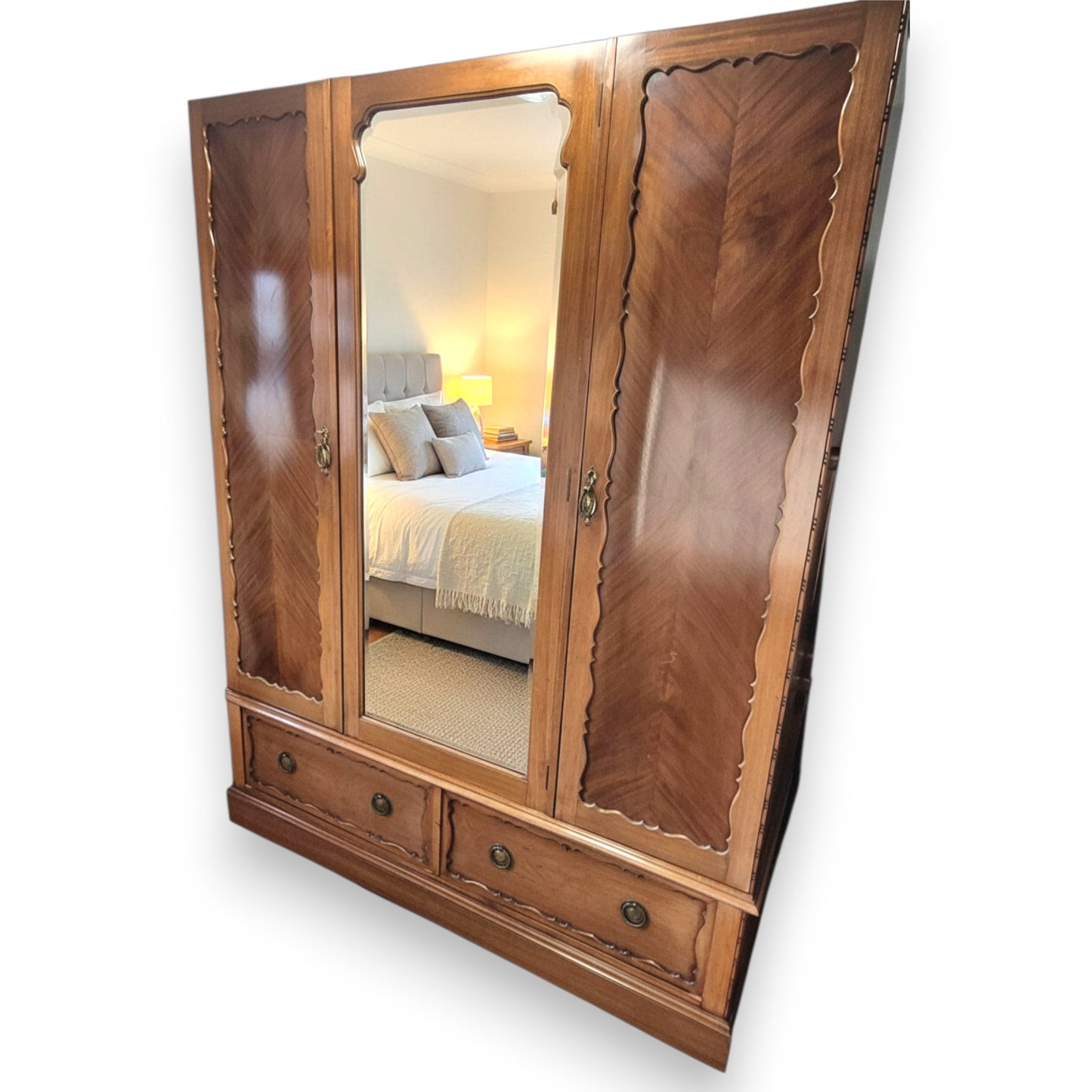 Antique Edwardian Triple Wardrobe with Bevelled Mirror | c1910