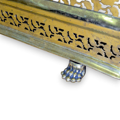 Antique Victorian Brass Fire Fender with Pierced Gallery & Paw Feet