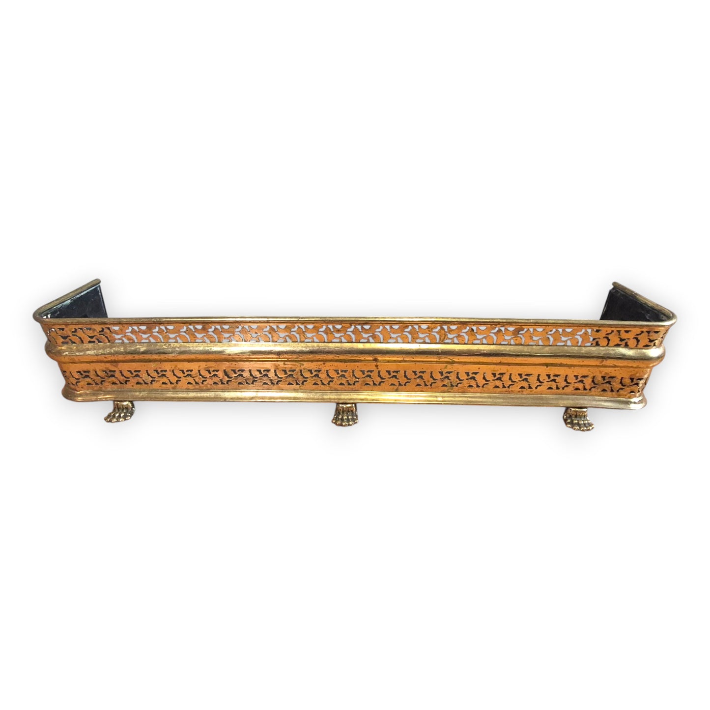 Antique Victorian Brass Fire Fender with Pierced Gallery & Paw Feet