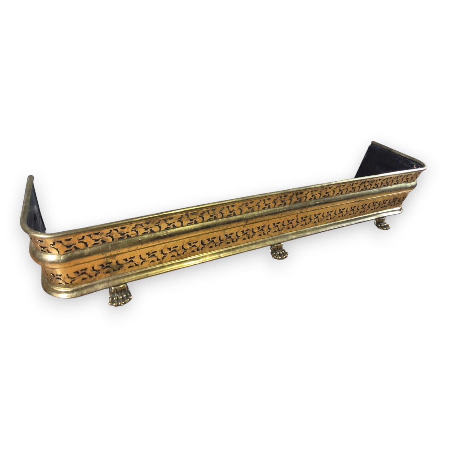 Antique Victorian Brass Fire Fender with Pierced Gallery & Paw Feet