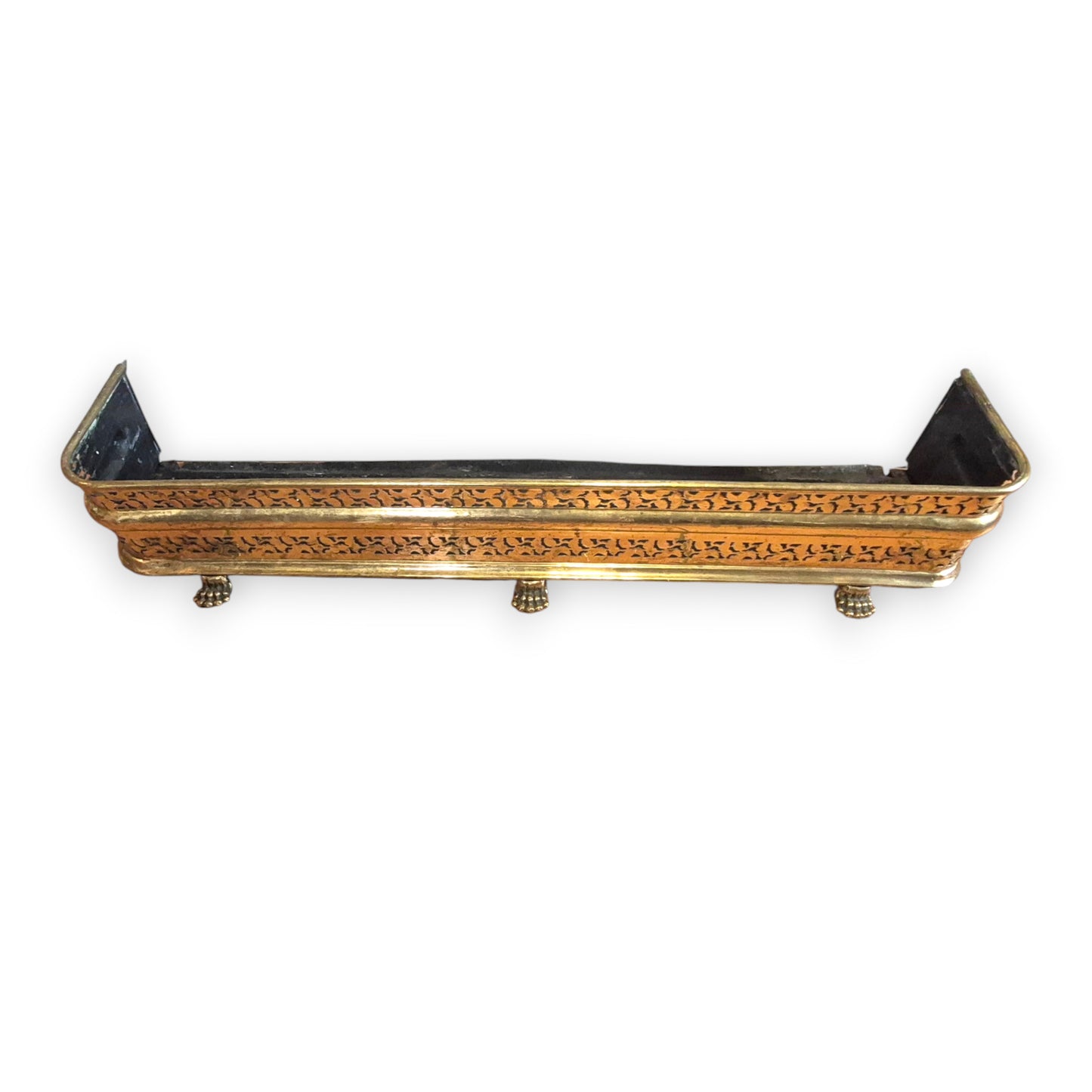 Antique Victorian Brass Fire Fender with Pierced Gallery & Paw Feet