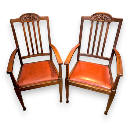 Pair of Antique Edwardian Oak Carver Armchairs c.1900