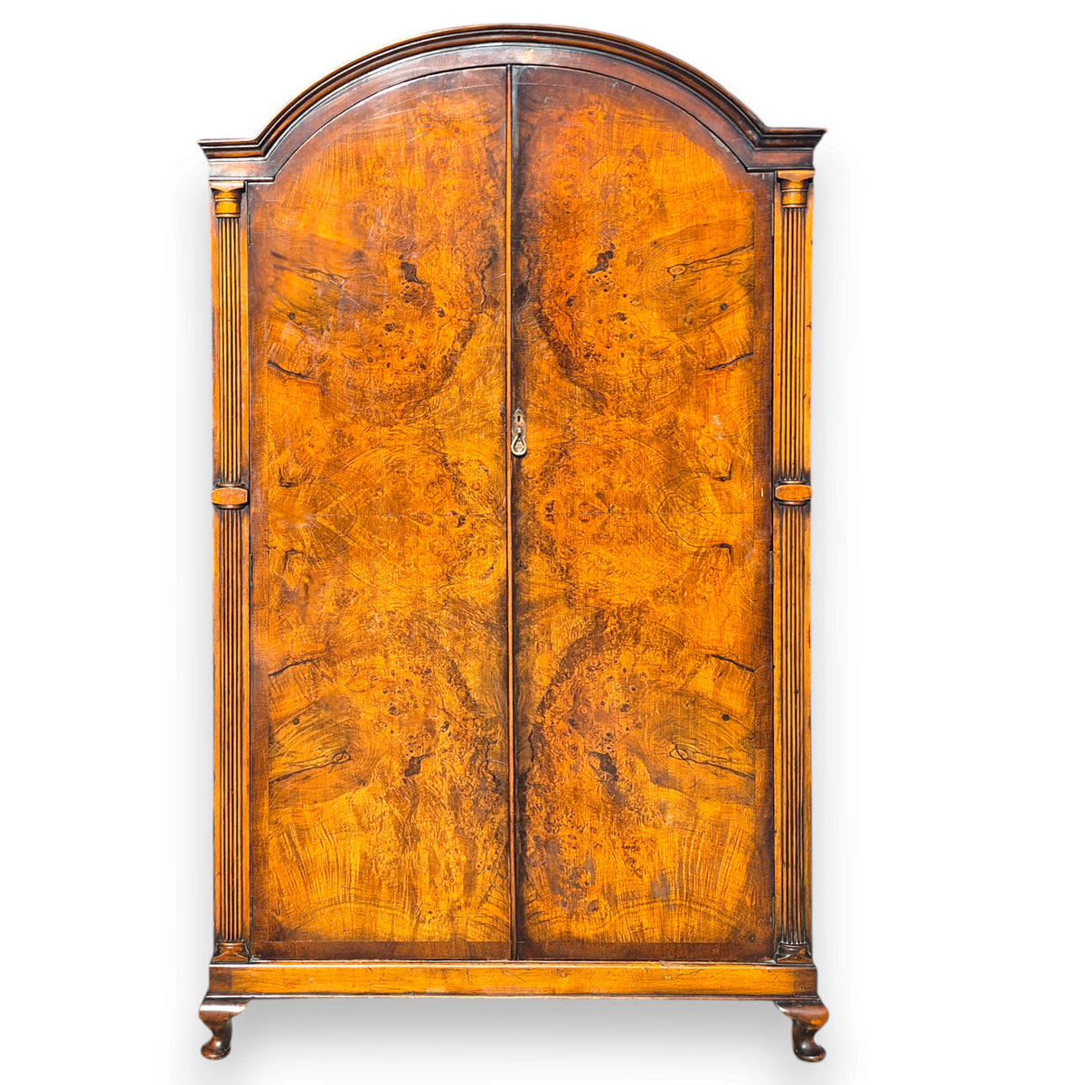 Late Victorian Burr Walnut Double Wardrobe with Arched Top