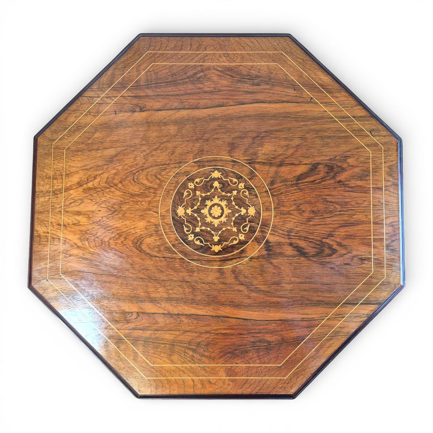 Top view of Victorian Rosewood Table showing the decorative inlay