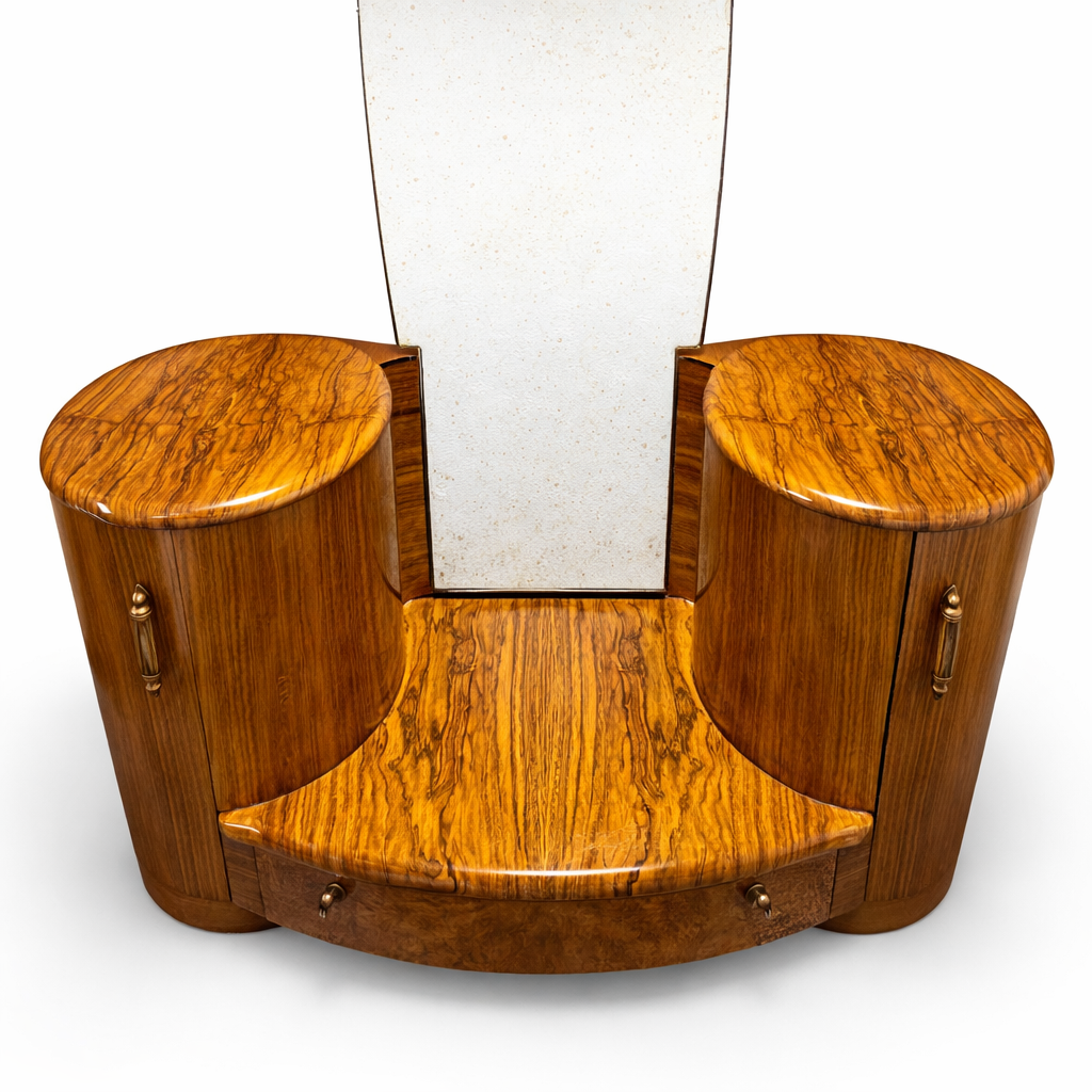 Shrager Art Deco Burr Walnut Dressing Table with Mirror & Curved Side Cabinets | 1930s