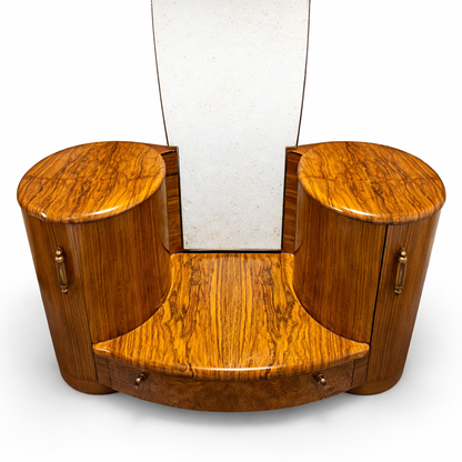 Shrager Art Deco Burr Walnut Dressing Table with Mirror & Curved Side Cabinets | 1930s