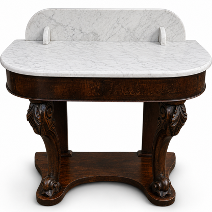 Antique Victorian Marble Top Console Table In Solid Mahogany