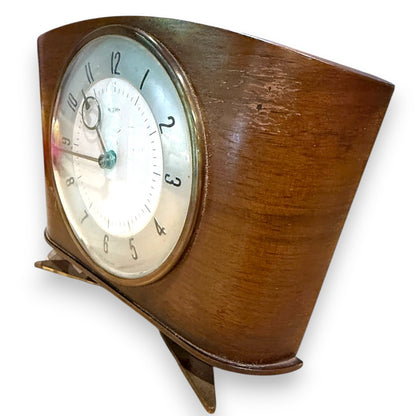 Metamec mantel clock – angled view highlighting brass-effect feet and wood finish