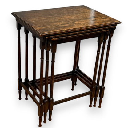 Antique Edwardian oak nest of three tables with elegant turned legs and rich aged patina – early 20th-century design offering practical nesting versatility and timeless English charm by Avego Antiques.