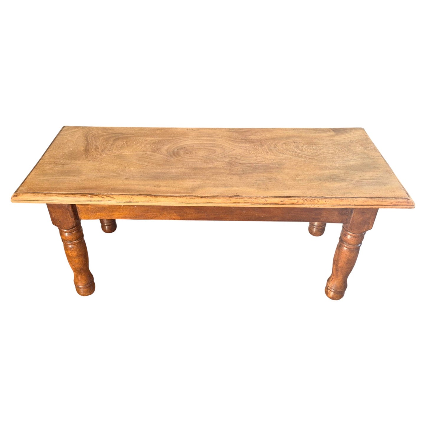 Vintage solid wood coffee table with elm top showcasing beautiful natural grain – rustic country farmhouse style piece combining traditional craftsmanship, warmth, and timeless charm by Avego Antiques.