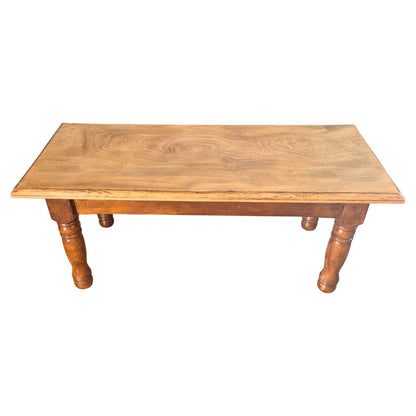 Vintage solid wood coffee table with elm top showcasing beautiful natural grain – rustic country farmhouse style piece combining traditional craftsmanship, warmth, and timeless charm by Avego Antiques.