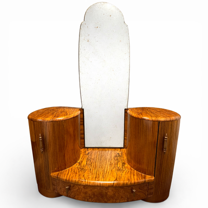 Shrager Art Deco Burr Walnut Dressing Table with Mirror & Curved Side Cabinets | 1930s