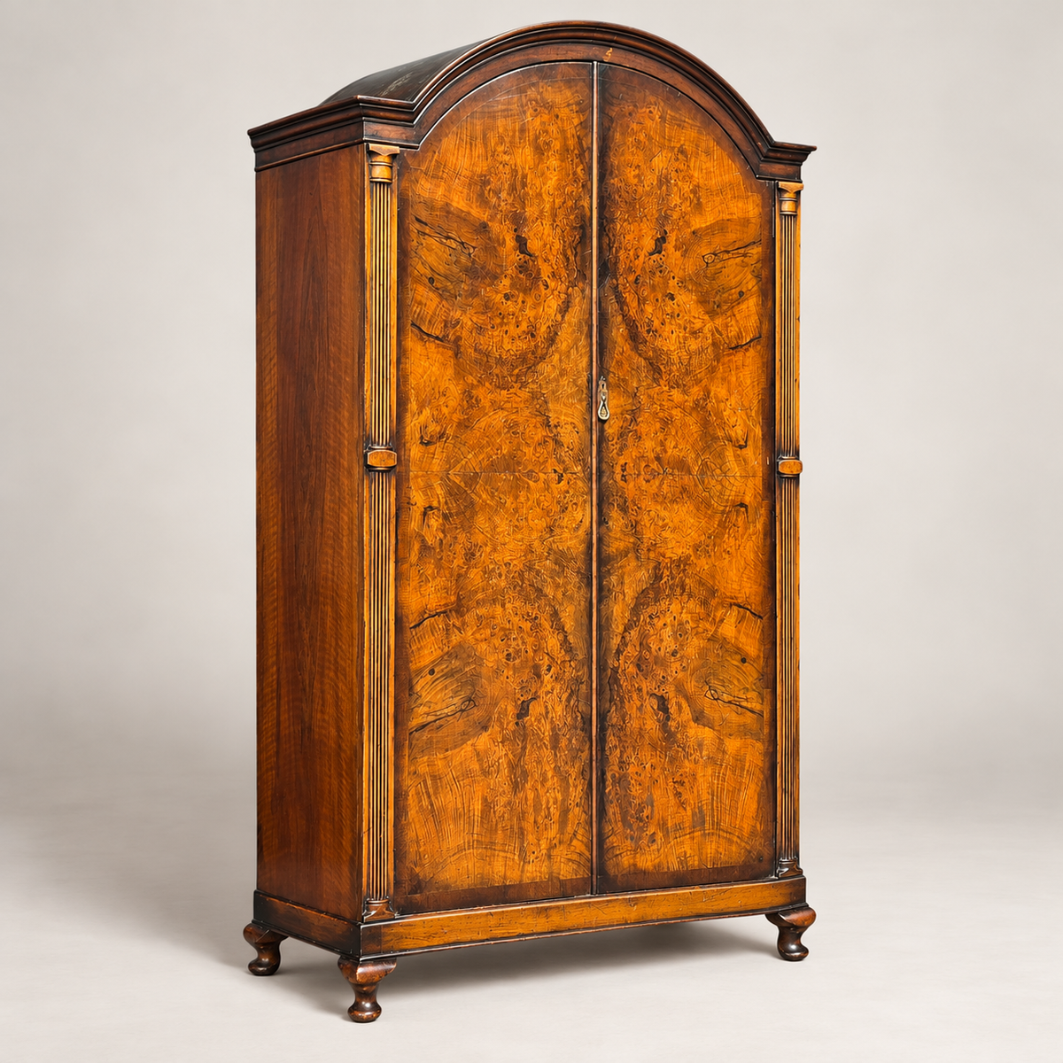 Late Victorian Burr Walnut Double Wardrobe with Arched Top
