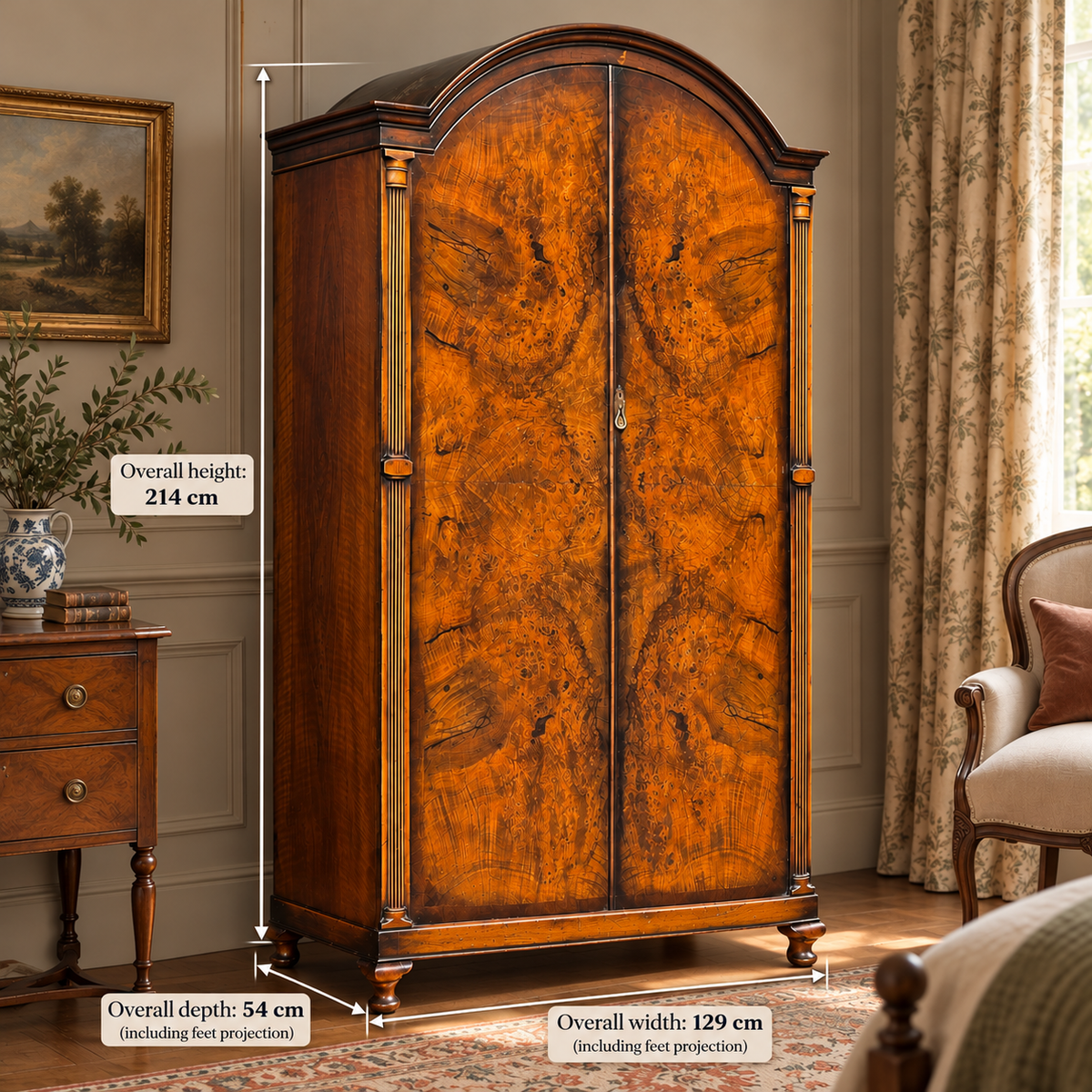 Late Victorian Burr Walnut Double Wardrobe with Arched Top