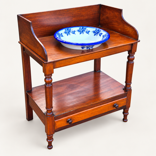 Antique Victorian Mahogany Washstand with Blue & White Ceramic Basin – 19th Century
