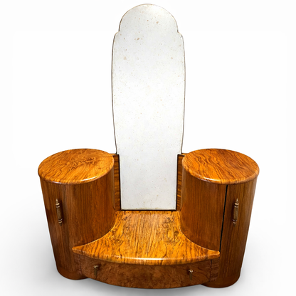 Shrager Art Deco Burr Walnut Dressing Table with Mirror & Curved Side Cabinets | 1930s