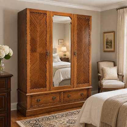 Antique Edwardian Triple Wardrobe with Bevelled Mirror | c1910