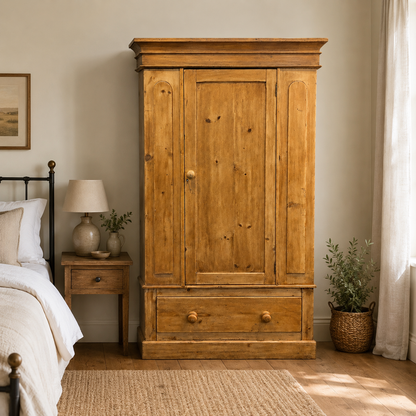 Antique Pine Wardrobe with Drawer – Victorian Country Cottage Armoire