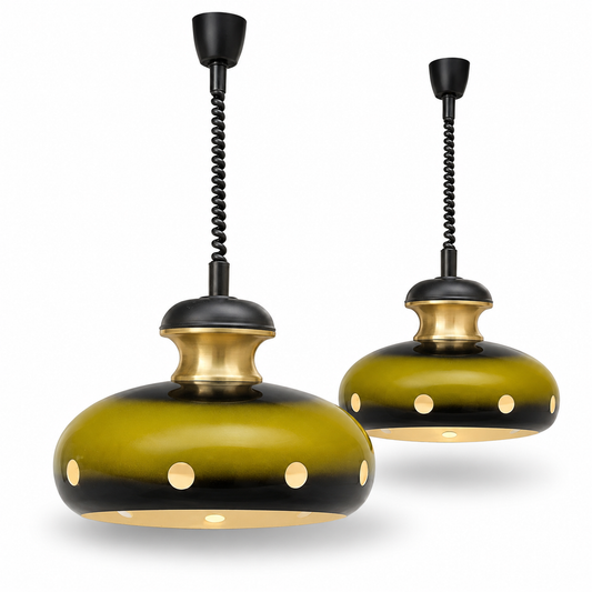 Pair of Vintage Space Age Fat Lava Pendant Lights | 1960s 1970s Green Ceramic Ceiling Lights | Mid Century Modern Lighting