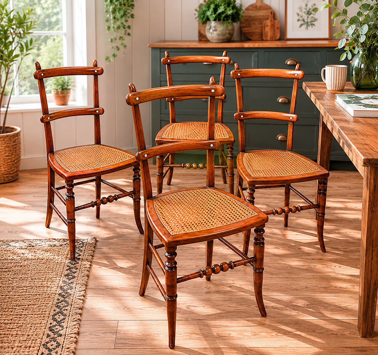 Antique Victorian / Edwardian Cane Seated Dining Chairs – Set of Four c.1890–1910