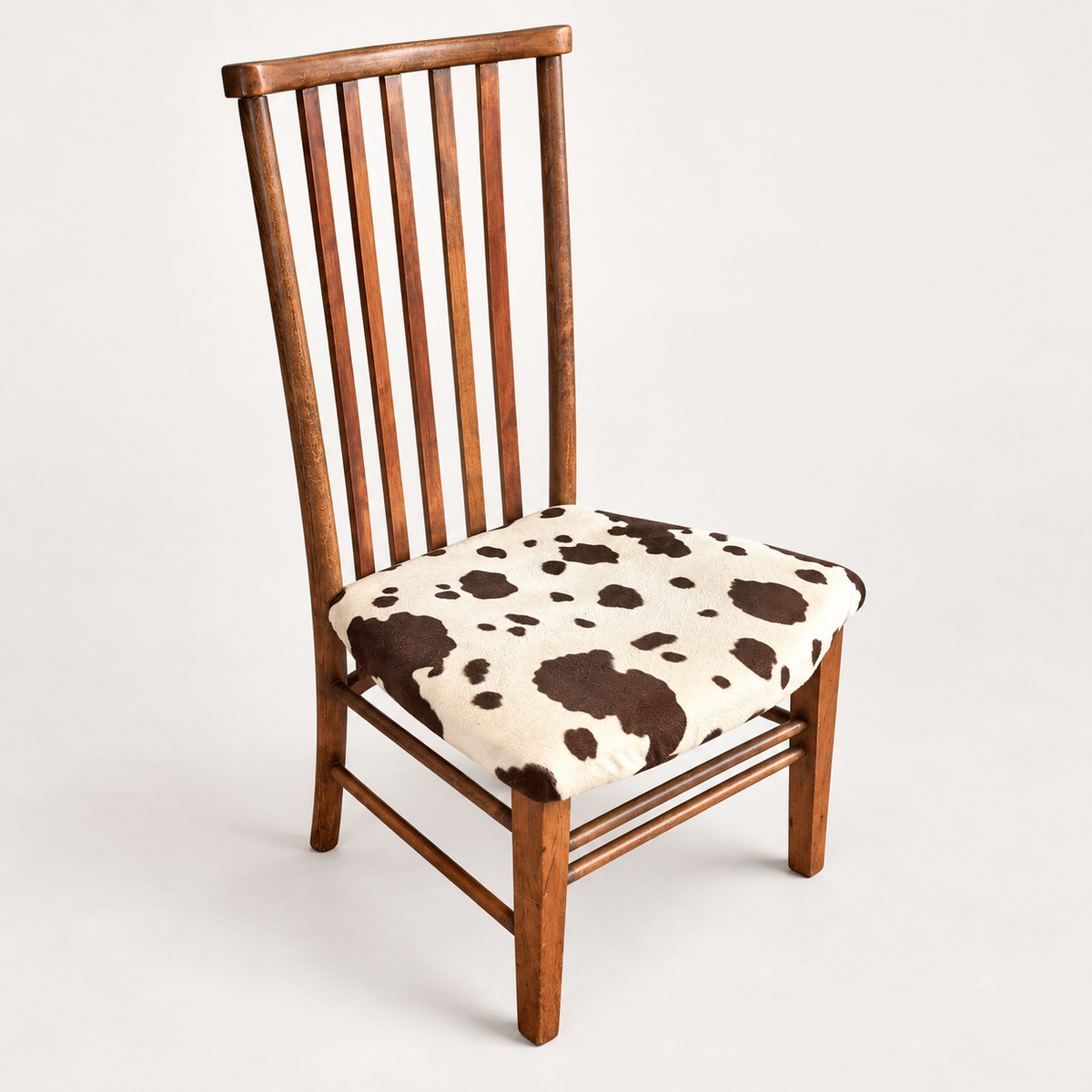Antique Edwardian Arts and Crafts Beech Side Chair with Cow Print Upholstery c.1900