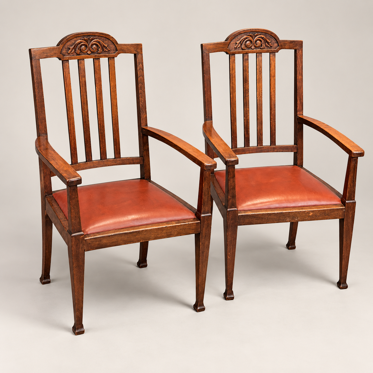 Pair of Antique Edwardian Oak Carver Armchairs c.1900