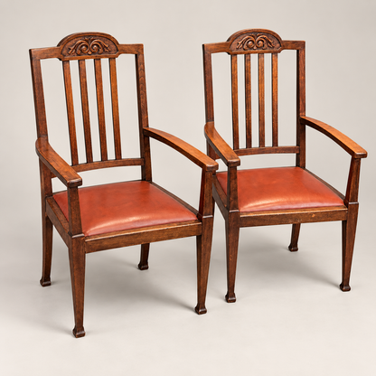 Pair of Antique Edwardian Oak Carver Armchairs c.1900