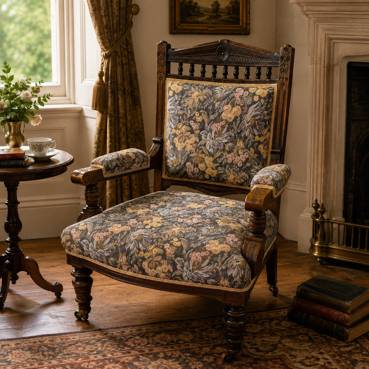 Antique Oak Nursing Chair - Carved Victorian Armchair with Upholstery & Castors