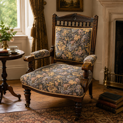 Antique Oak Nursing Chair - Carved Victorian Armchair with Upholstery & Castors