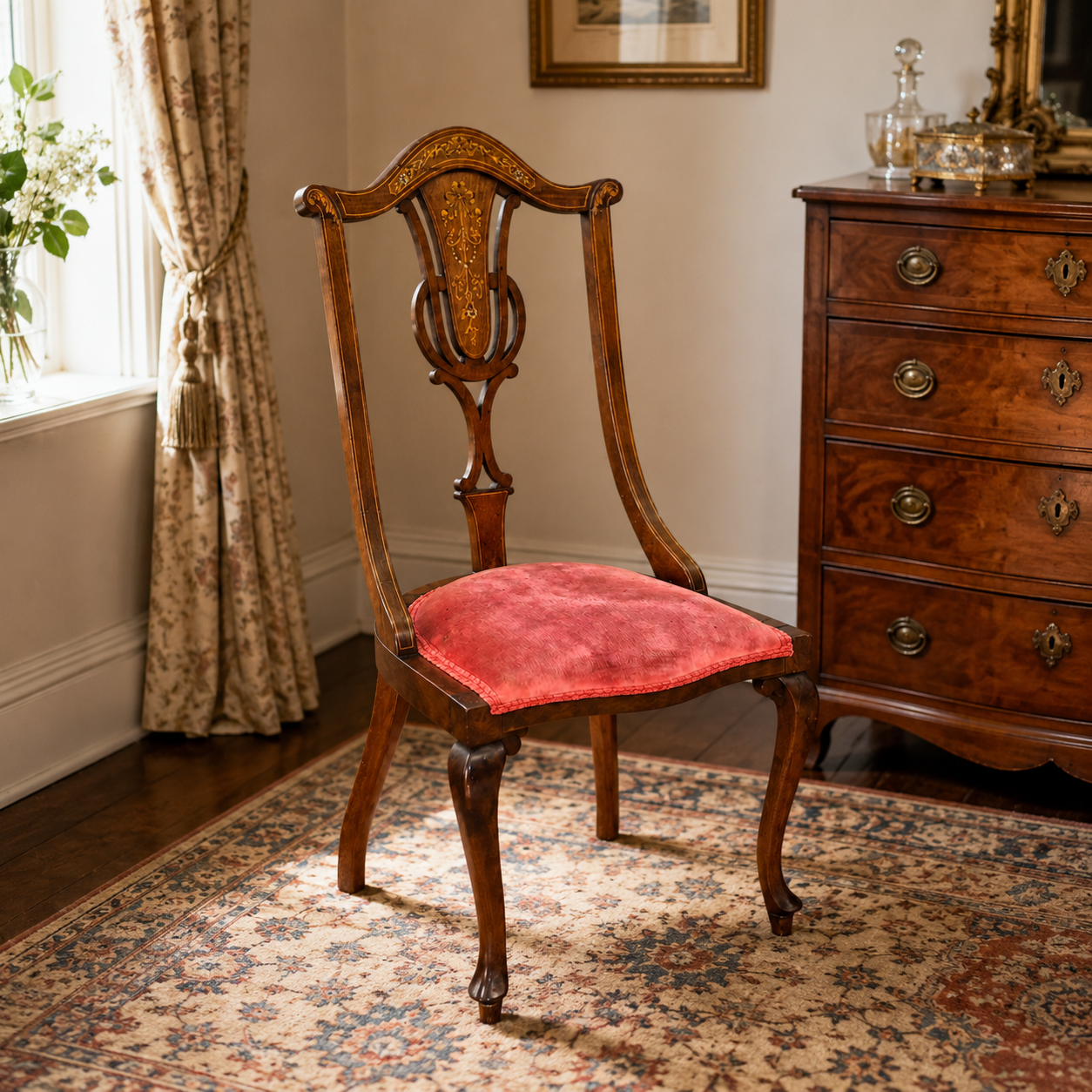 Antique Edwardian Inlaid Mahogany Side Chair | Floral Detail Occasional Chair c1900