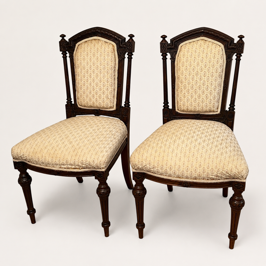 Pair of Antique Louis XVI Style Mahogany Dining Chairs | Upholstered Seats